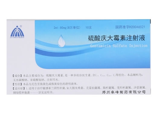 硫酸庆大霉素注射液招商代理 2ml:8万单位*10支 郑州卓峰制药